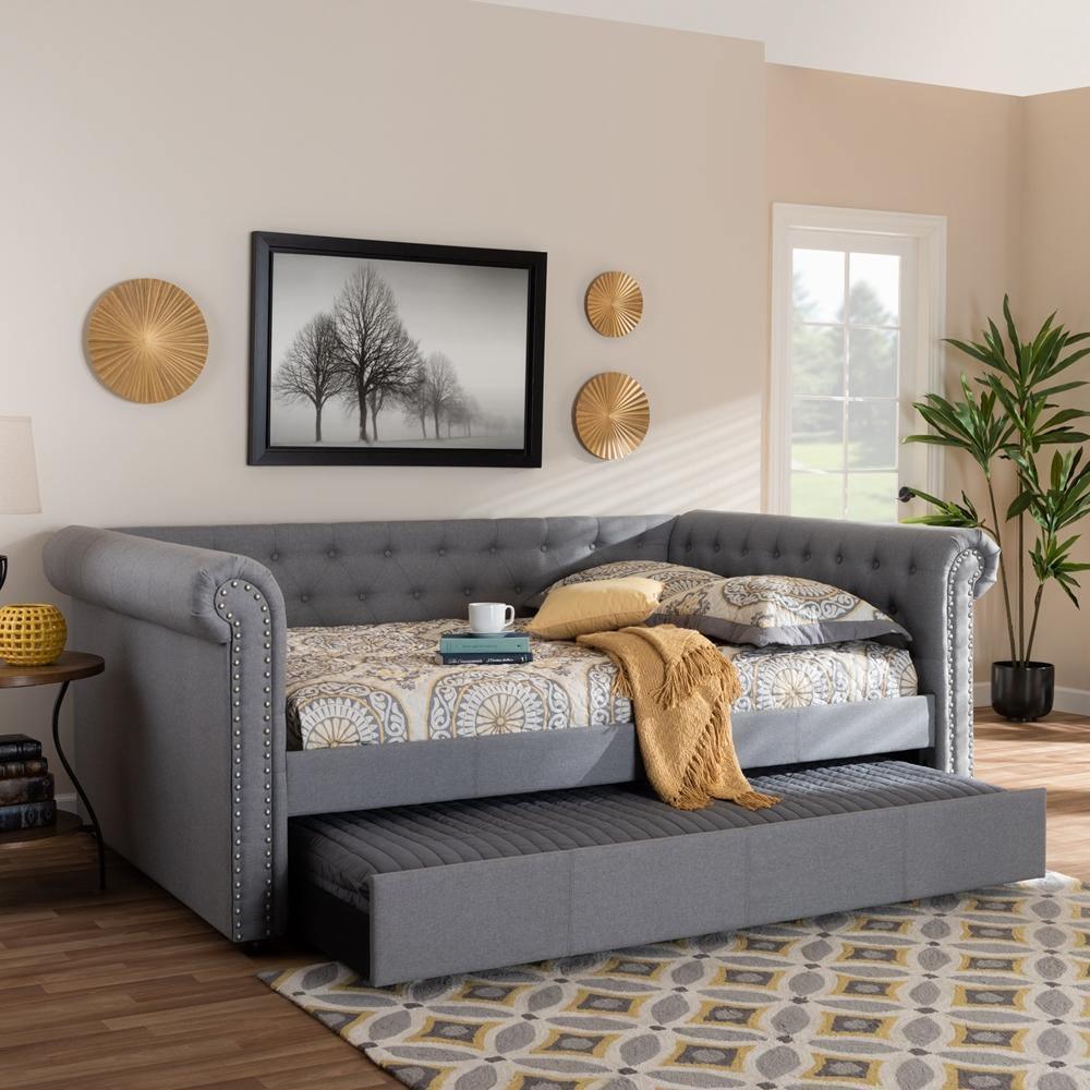 Mabelle Modern and Contemporary Gray Fabric Upholstered Full Size Daybed with Trundle FredCo