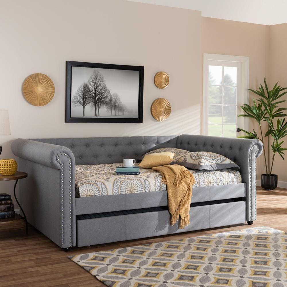 Mabelle Modern and Contemporary Gray Fabric Upholstered Full Size Daybed with Trundle FredCo