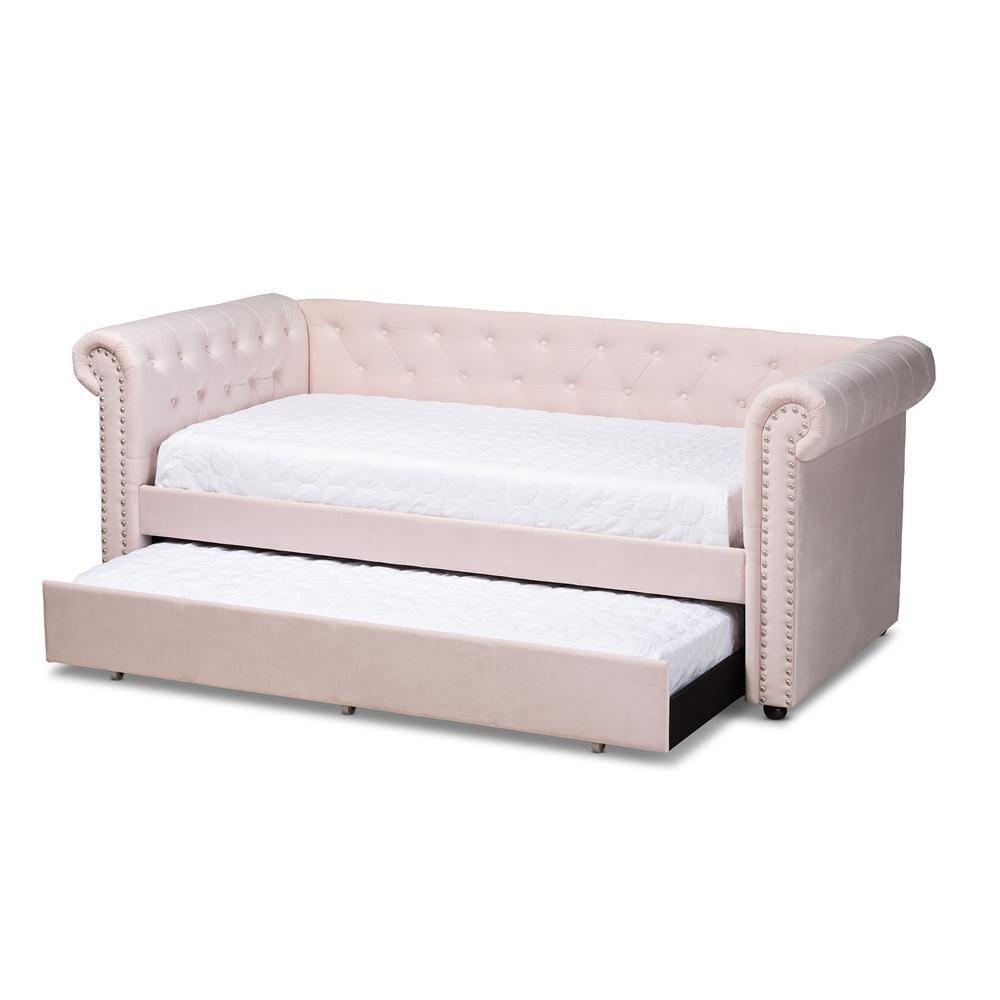 Mabelle Modern and Contemporary Light Pink Velvet Upholstered Daybed with Trundle FredCo