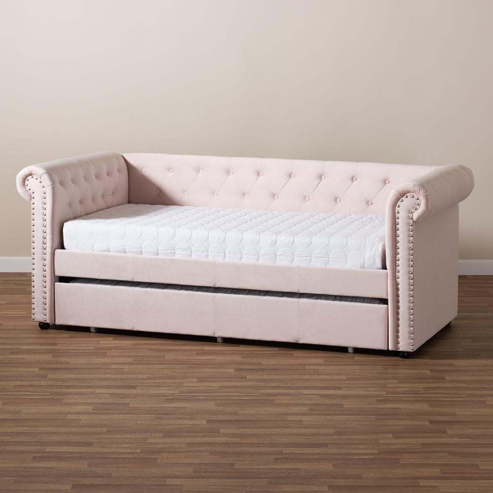 Mabelle Modern and Contemporary Light Pink Velvet Upholstered Daybed with Trundle FredCo