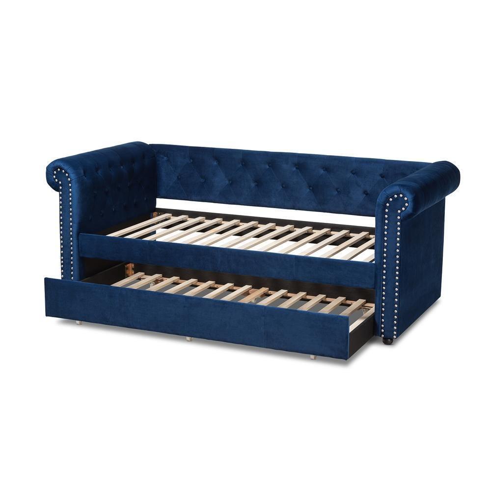 Mabelle Modern and Contemporary Navy Blue Velvet Upholstered Daybed with Trundle FredCo