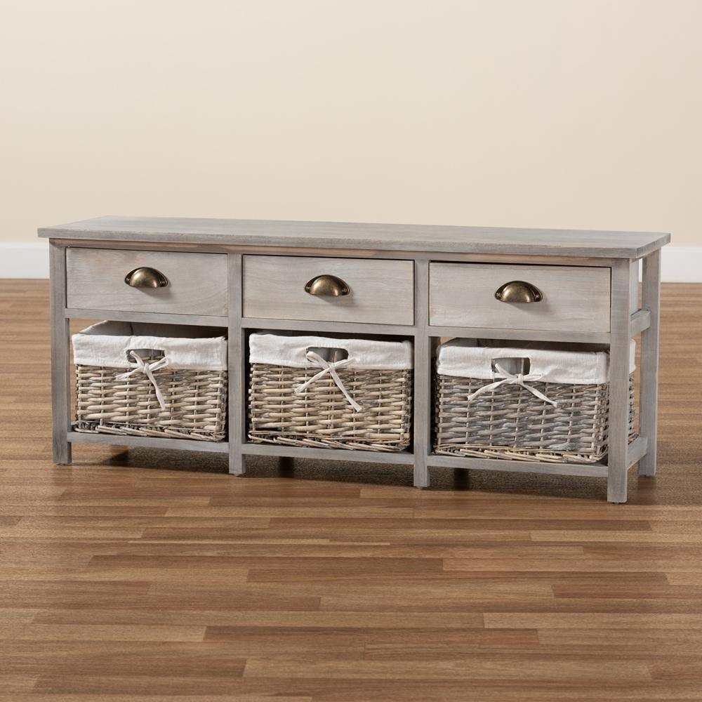 Mabyn Modern and Contemporary Light Grey Finished Wood 3-Drawer Storage Bench with Baskets FredCo