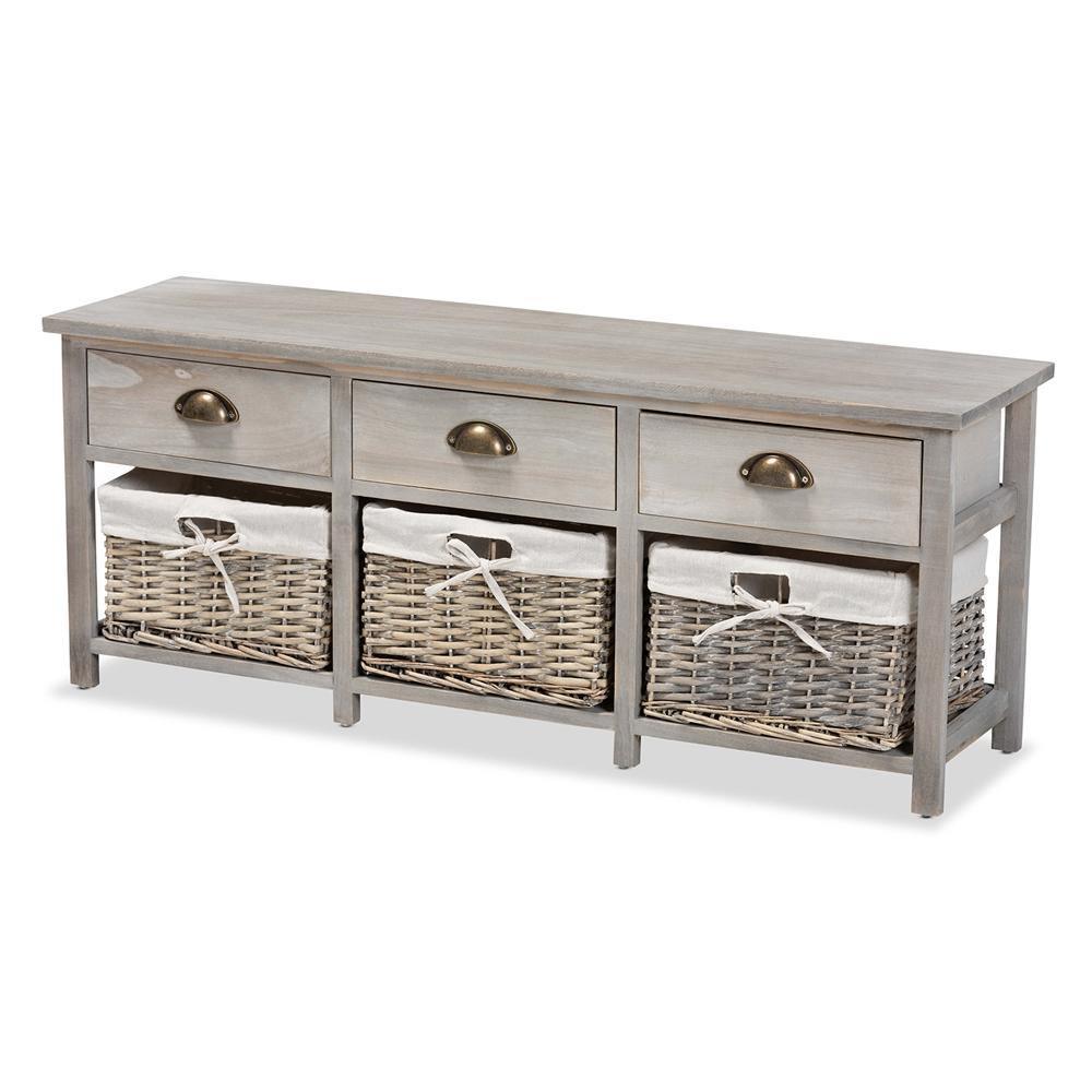 Mabyn Modern and Contemporary Light Grey Finished Wood 3-Drawer Storage Bench with Baskets FredCo