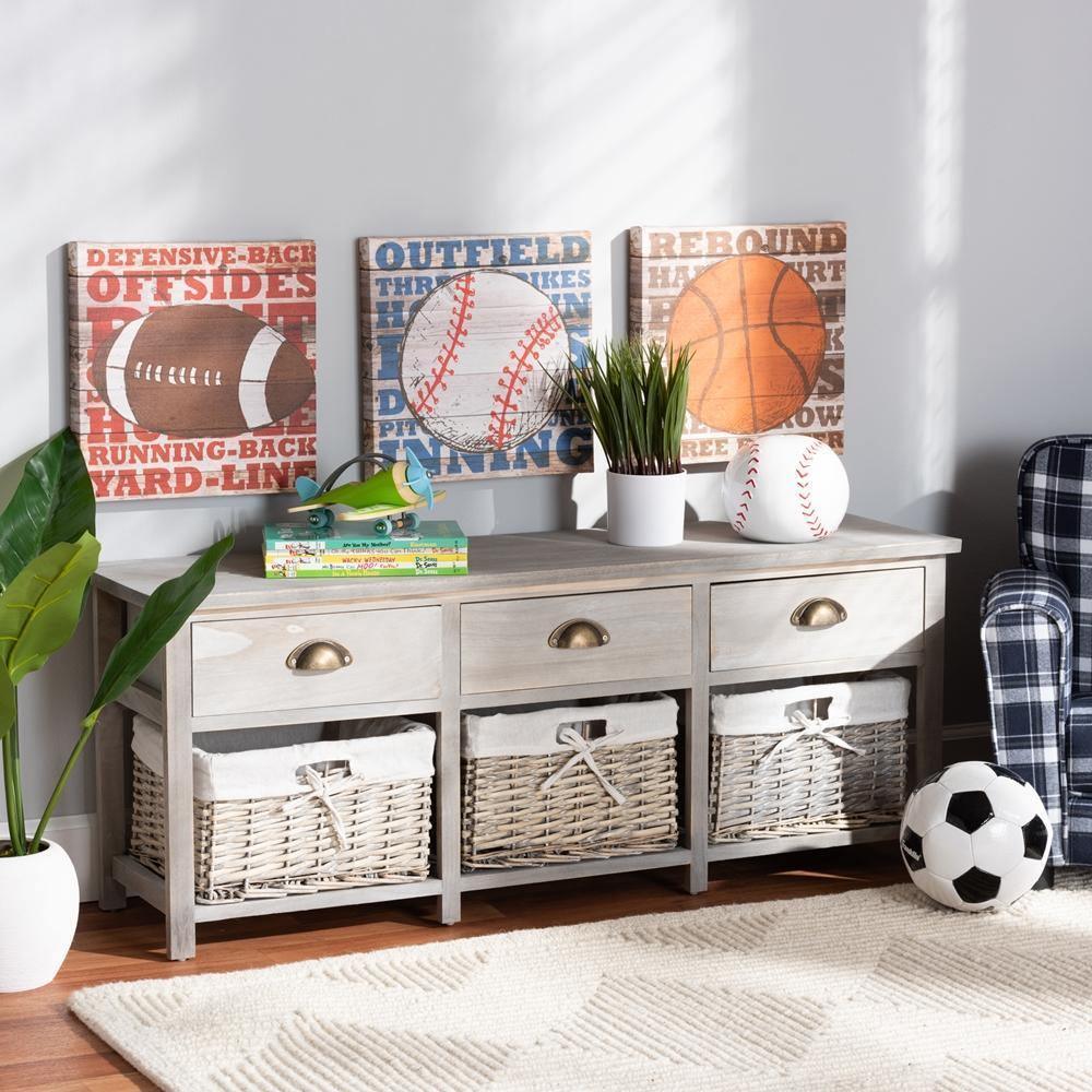 Mabyn Modern and Contemporary Light Grey Finished Wood 3-Drawer Storage Bench with Baskets FredCo