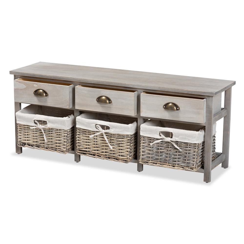 Mabyn Modern and Contemporary Light Grey Finished Wood 3-Drawer Storage Bench with Baskets FredCo