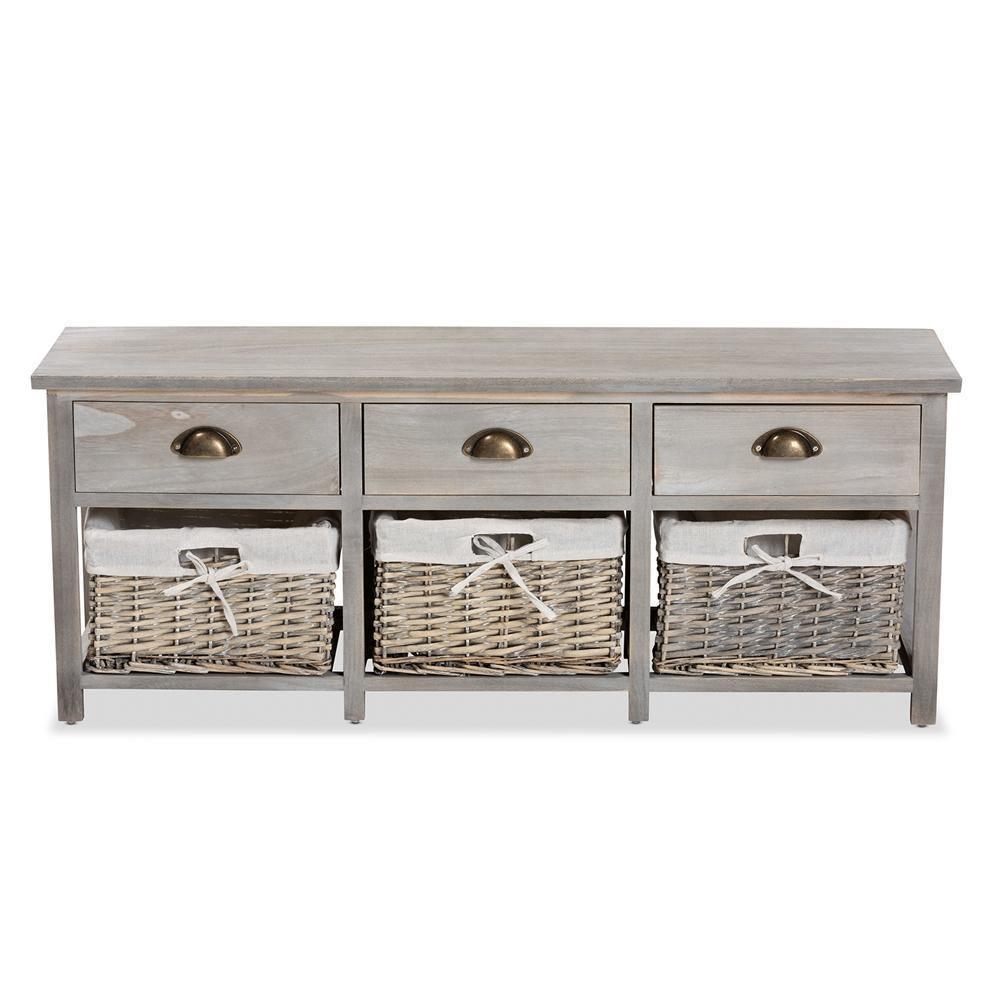 Mabyn Modern and Contemporary Light Grey Finished Wood 3-Drawer Storage Bench with Baskets FredCo