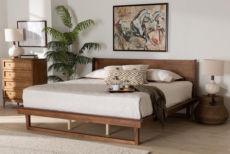 Macayle Mid-Century Modern Ash Walnut Finished Wood King Size Platform Bed FredCo