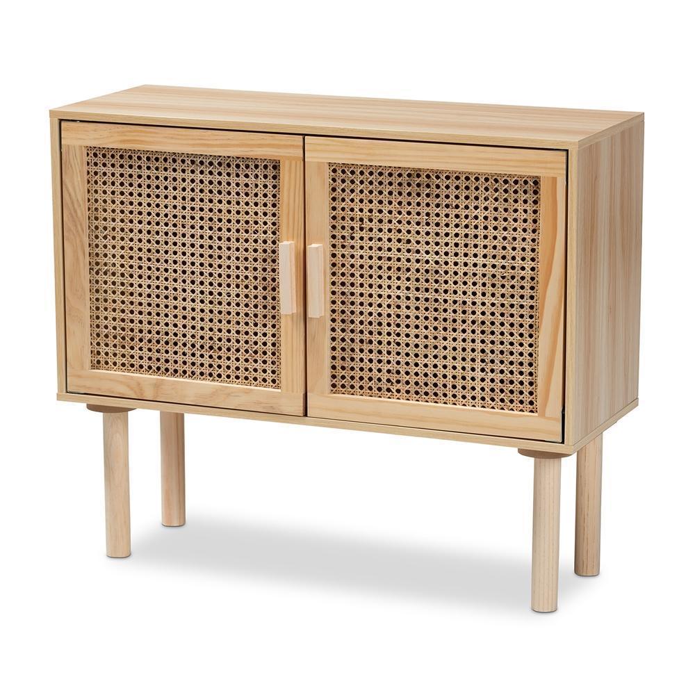 Maclean Mid-Century Modern Rattan and Natural Brown Finished Wood 2-Door Sideboard Buffet FredCo
