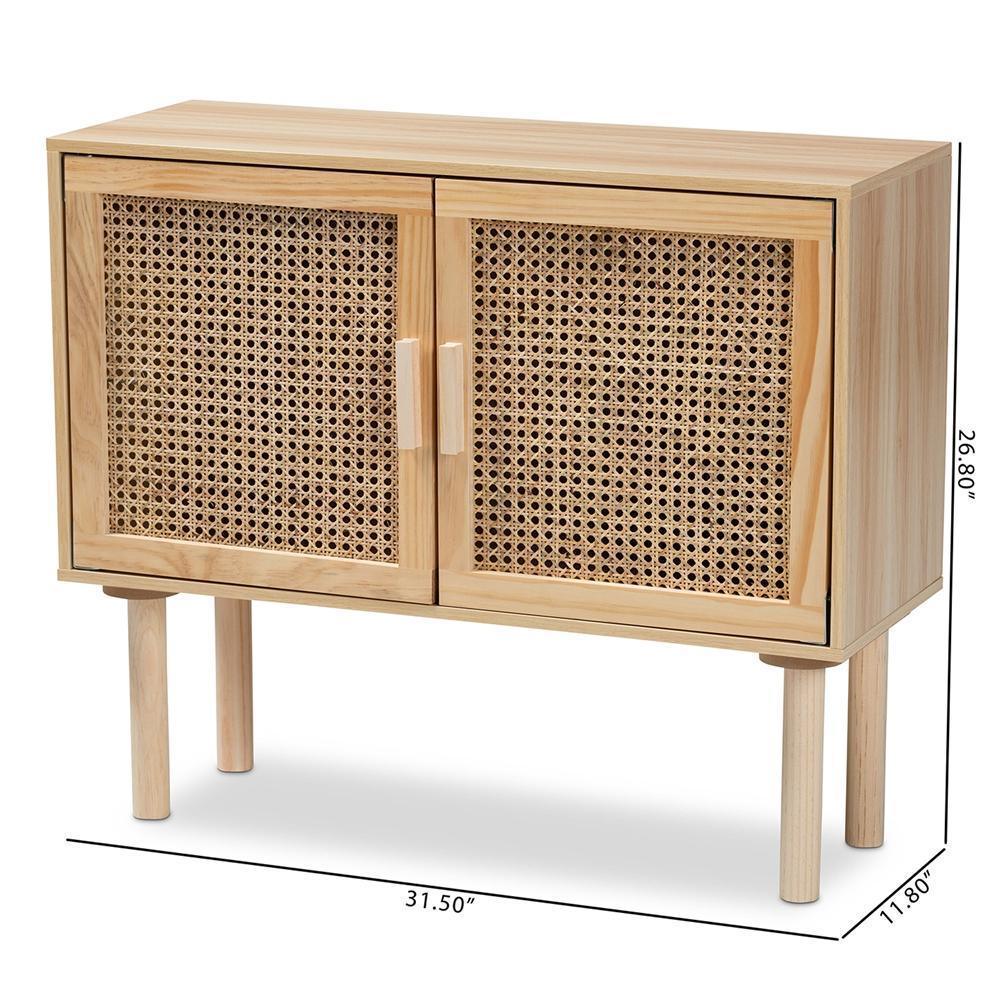 Maclean Mid-Century Modern Rattan and Natural Brown Finished Wood 2-Door Sideboard Buffet FredCo