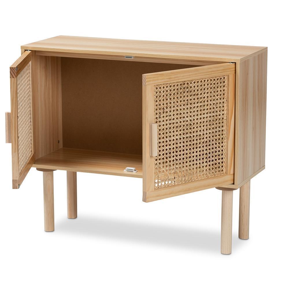 Maclean Mid-Century Modern Rattan and Natural Brown Finished Wood 2-Door Sideboard Buffet FredCo