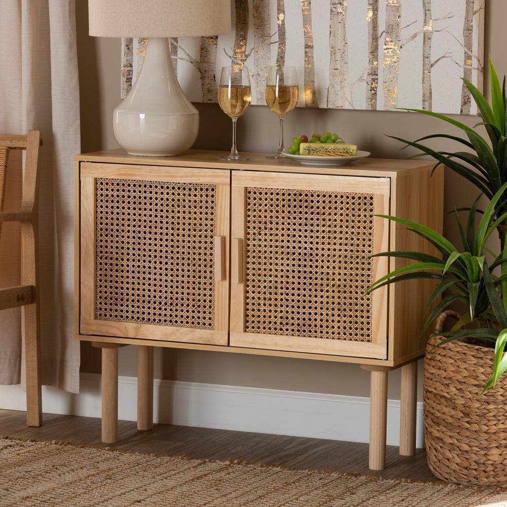 Maclean Mid-Century Modern Rattan and Natural Brown Finished Wood 2-Door Sideboard Buffet FredCo