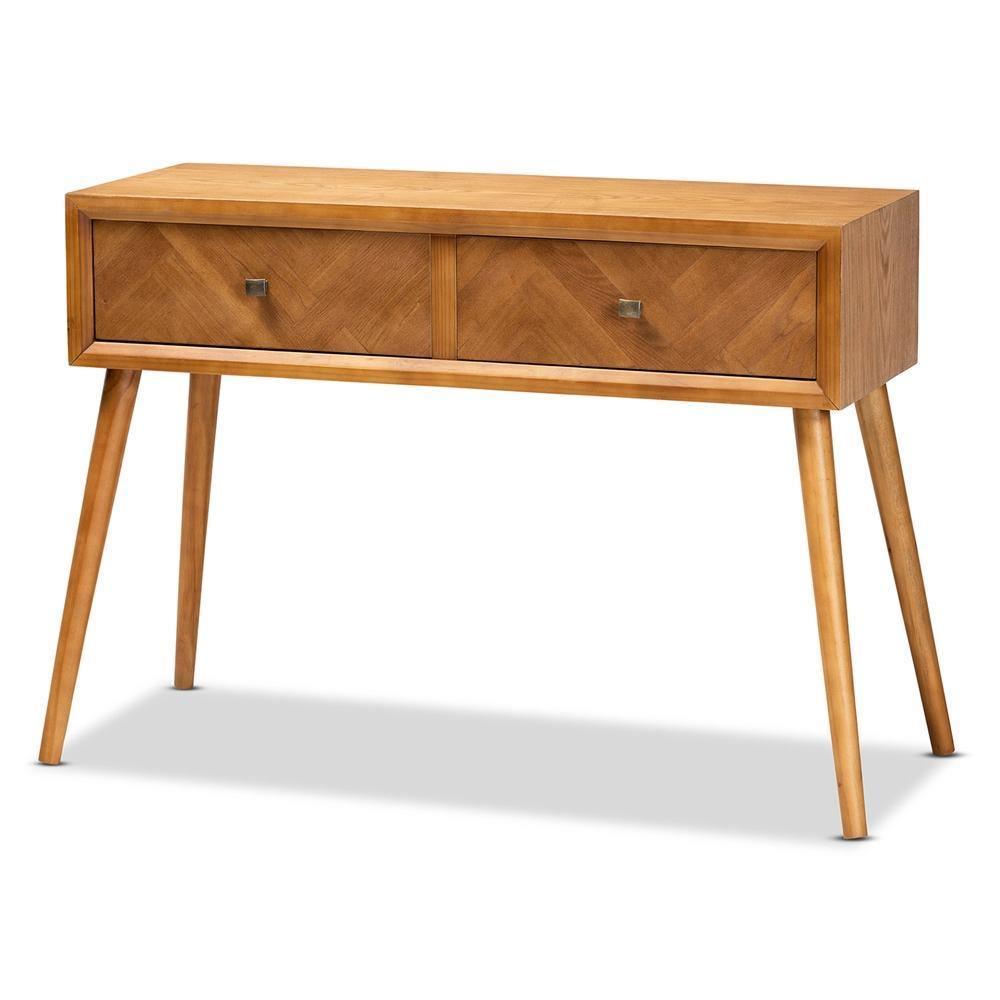 Mae Mid-Century Modern Natural Brown Finished Wood 2-Drawer Console Table FredCo