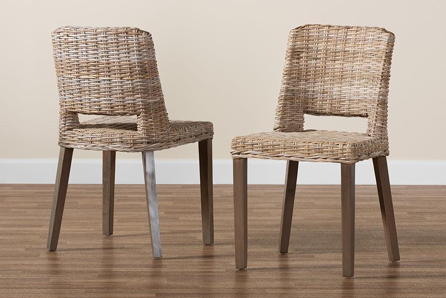 Magy Modern Bohemian Grey Rattan and Natural Brown Finished Wood 2-Piece Dining Chair Set FredCo