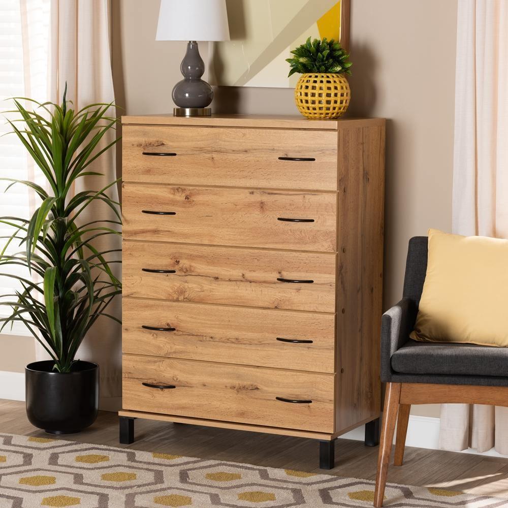 Maison Modern and Contemporary Oak Brown Finished Wood 5-Drawer Storage Chest FredCo