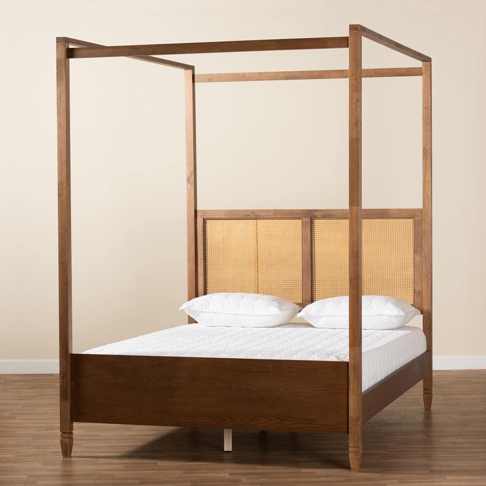 Malia Modern and Contemporary Walnut Brown Finished Wood and Synthetic Rattan King Size Canopy Bed FredCo