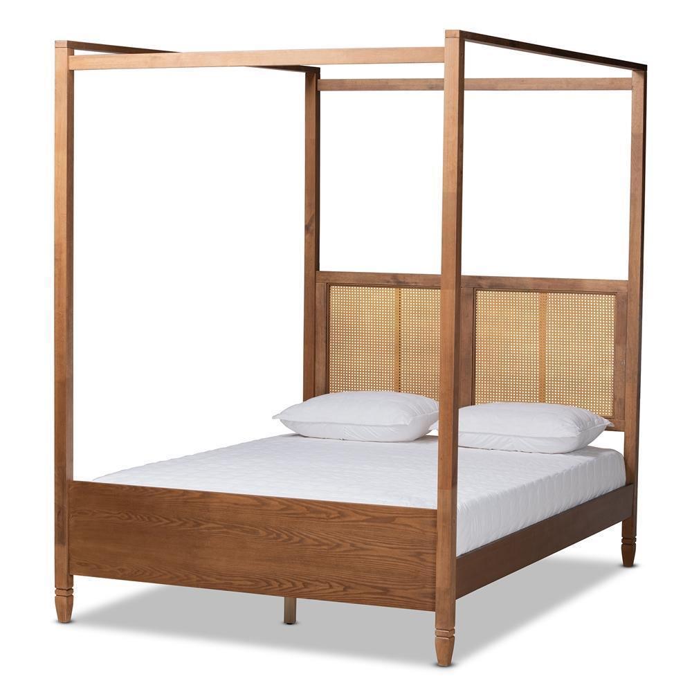 Malia Modern and Contemporary Walnut Brown Finished Wood and Synthetic Rattan King Size Canopy Bed FredCo