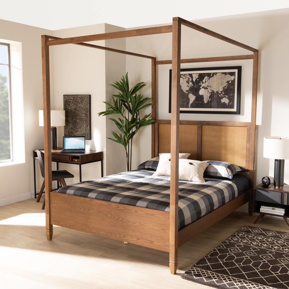 Malia Modern and Contemporary Walnut Brown Finished Wood and Synthetic Rattan Queen Size Canopy Bed FredCo