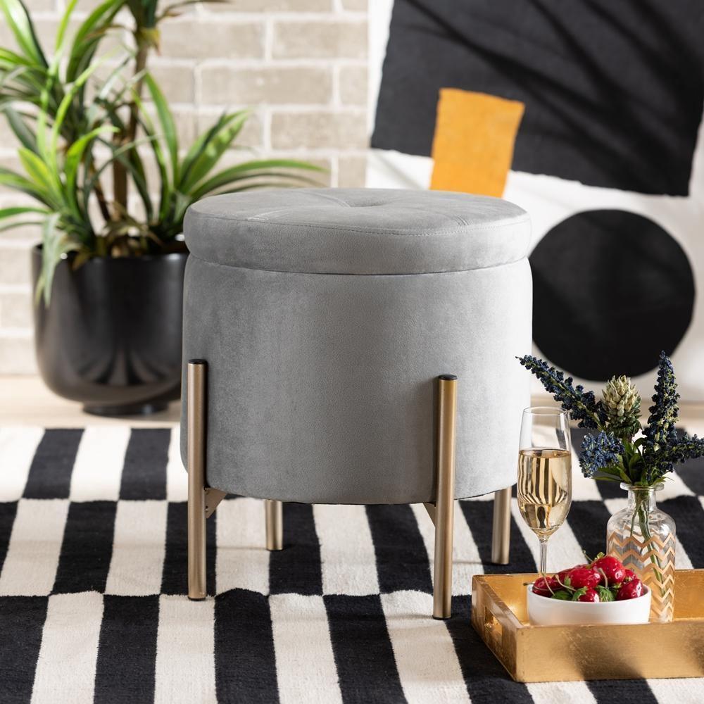 Malina Contemporary Glam and Luxe Grey Velvet Fabric Upholstered and Gold Finished Metal Storage Ottoman FredCo