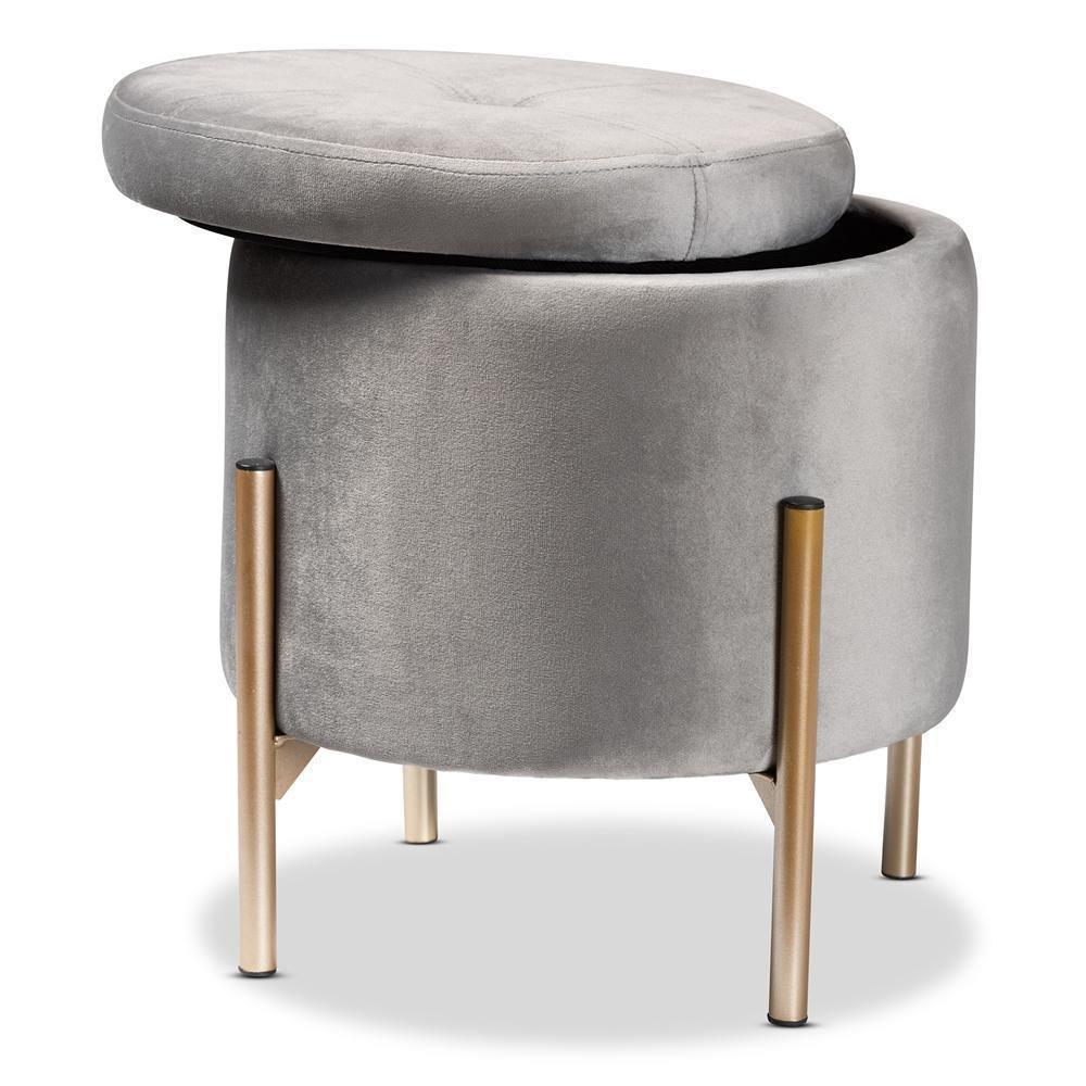 Malina Contemporary Glam and Luxe Grey Velvet Fabric Upholstered and Gold Finished Metal Storage Ottoman FredCo