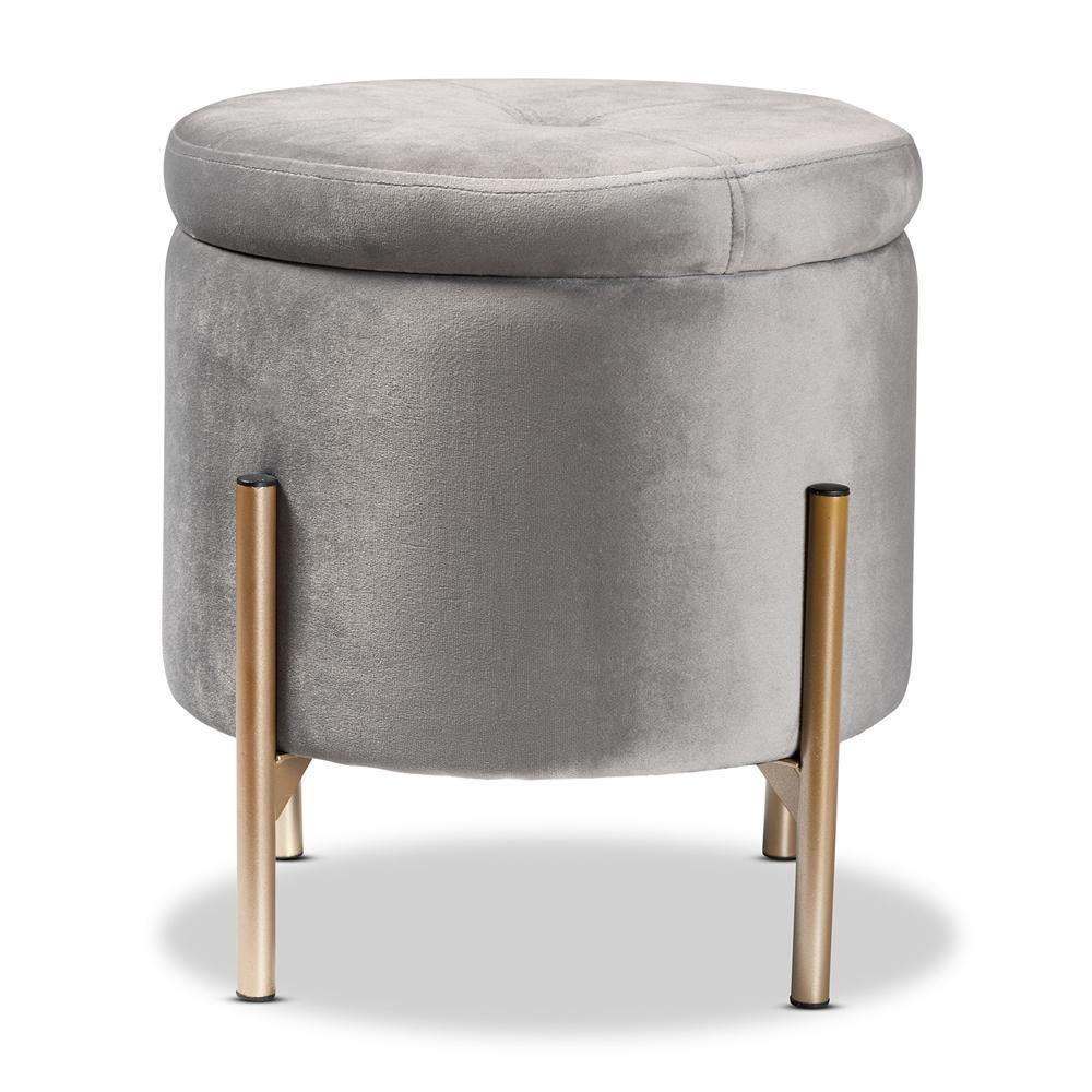 Malina Contemporary Glam and Luxe Grey Velvet Fabric Upholstered and Gold Finished Metal Storage Ottoman FredCo