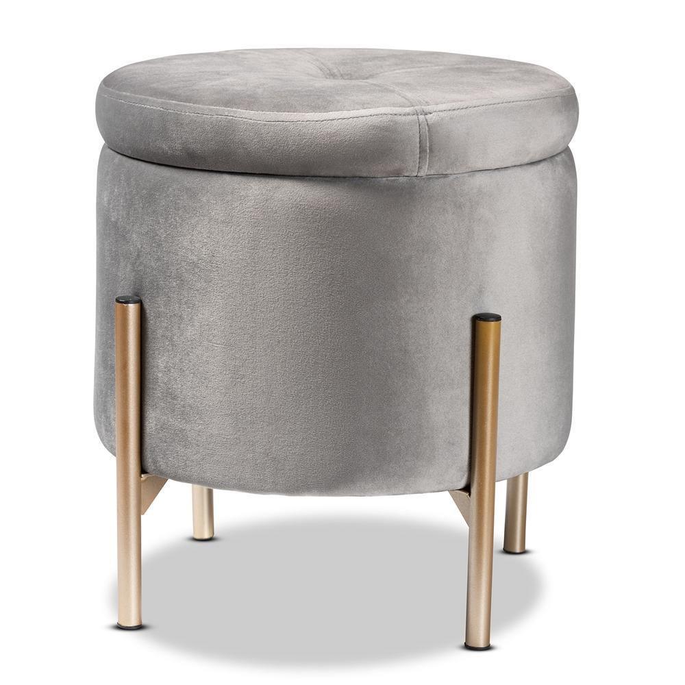 Malina Contemporary Glam and Luxe Grey Velvet Fabric Upholstered and Gold Finished Metal Storage Ottoman FredCo