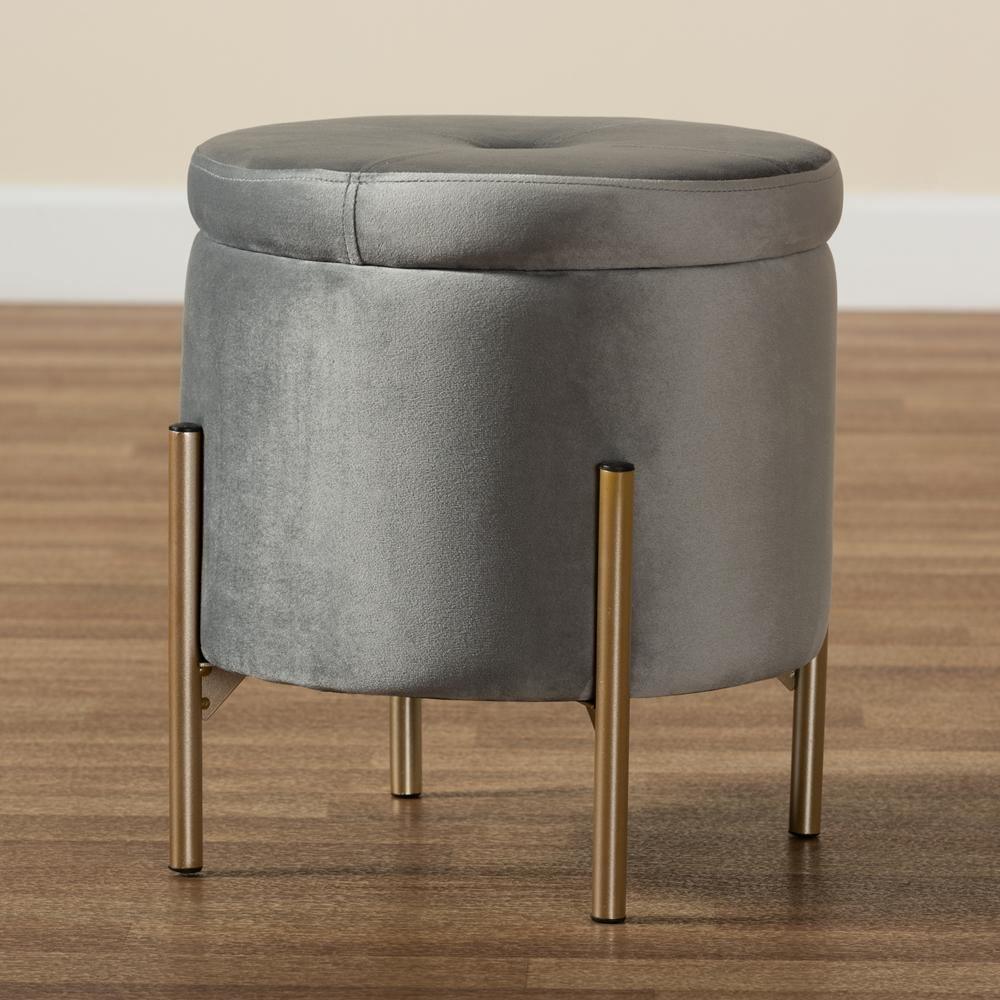Malina Contemporary Glam and Luxe Grey Velvet Fabric Upholstered and Gold Finished Metal Storage Ottoman FredCo