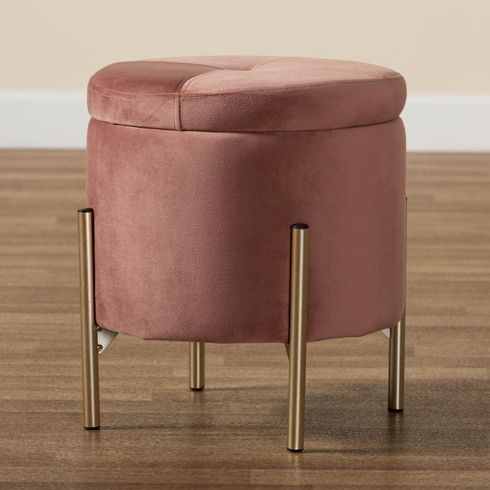 Malina Contemporary Glam and Luxe Pink Velvet Fabric Upholstered and Gold Finished Metal Storage Ottoman FredCo