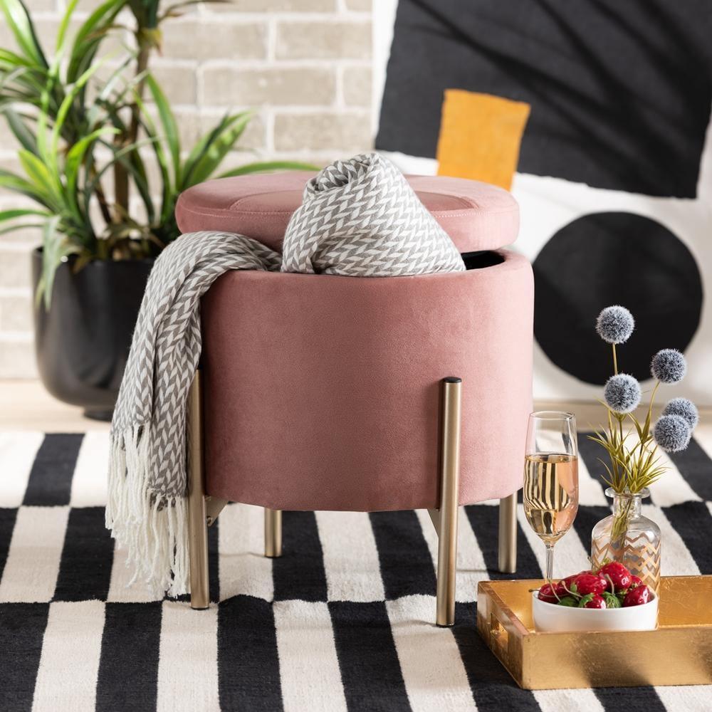 Malina Contemporary Glam and Luxe Pink Velvet Fabric Upholstered and Gold Finished Metal Storage Ottoman FredCo