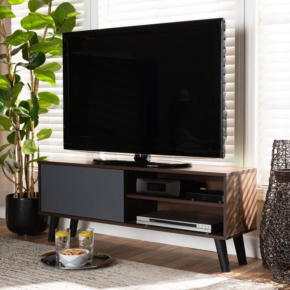 Mallory Modern and Contemporary Two-Tone Walnut Brown and Grey Finished Wood TV Stand FredCo