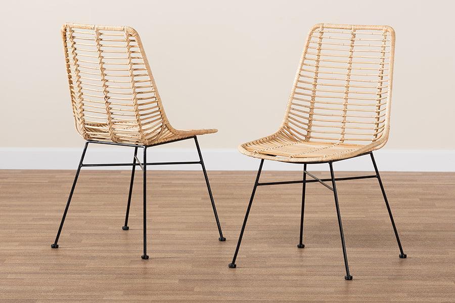Manhattan Modern Bohemian Natural Brown Rattan and Black Metal Dining Chair FredCo