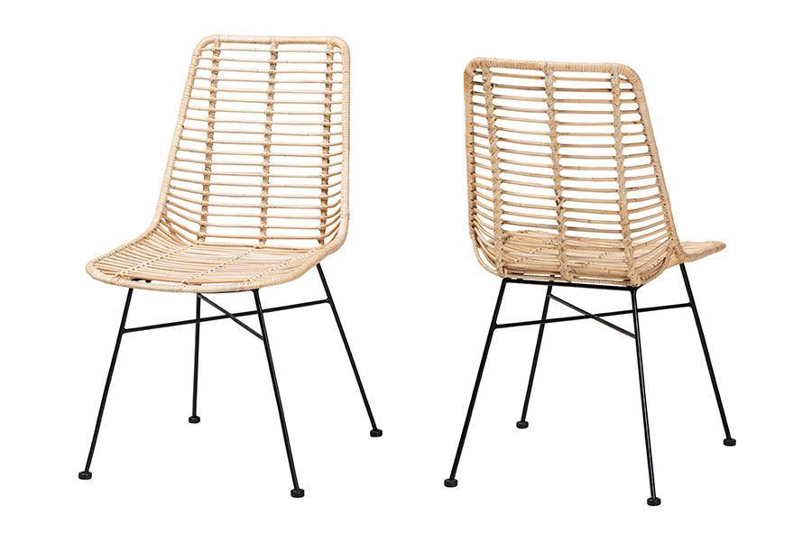 Manhattan Modern Bohemian Natural Brown Rattan and Black Metal Dining Chair FredCo