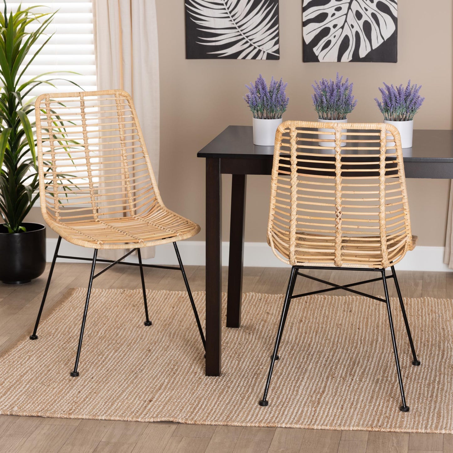 Manhattan Modern Bohemian Natural Brown Rattan and Black Metal Dining Chair FredCo