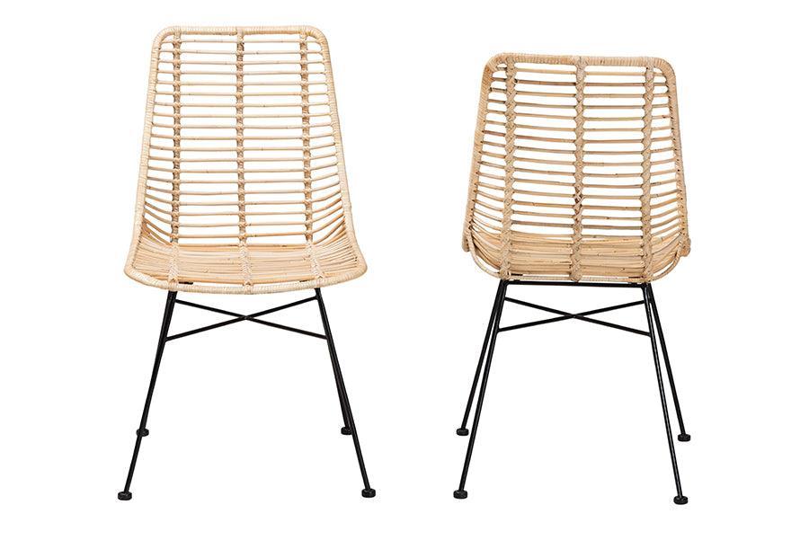 Manhattan Modern Bohemian Natural Brown Rattan and Black Metal Dining Chair FredCo