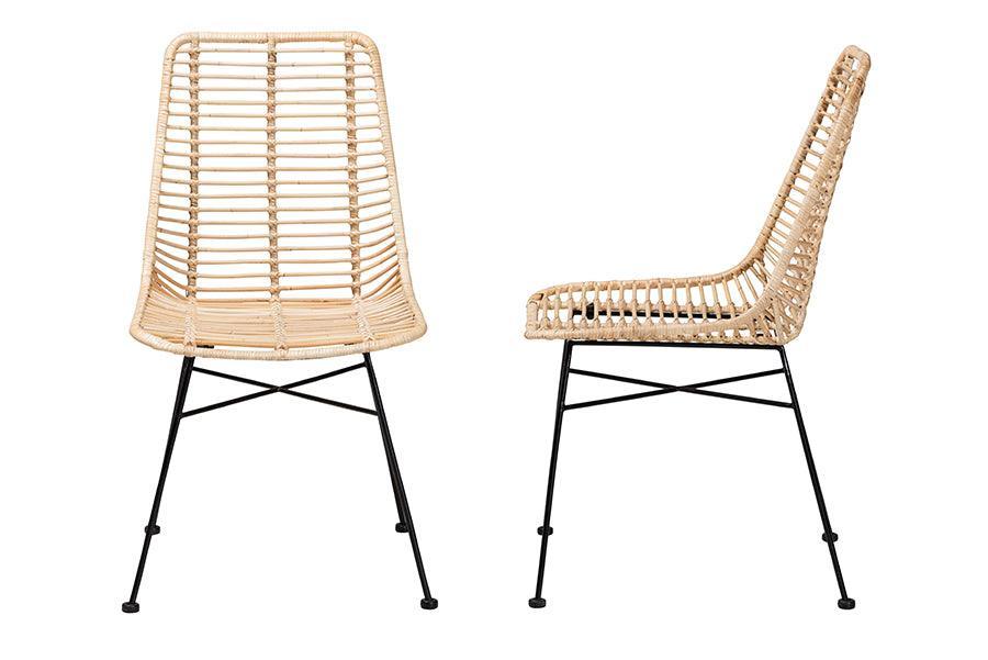 Manhattan Modern Bohemian Natural Brown Rattan and Black Metal Dining Chair FredCo
