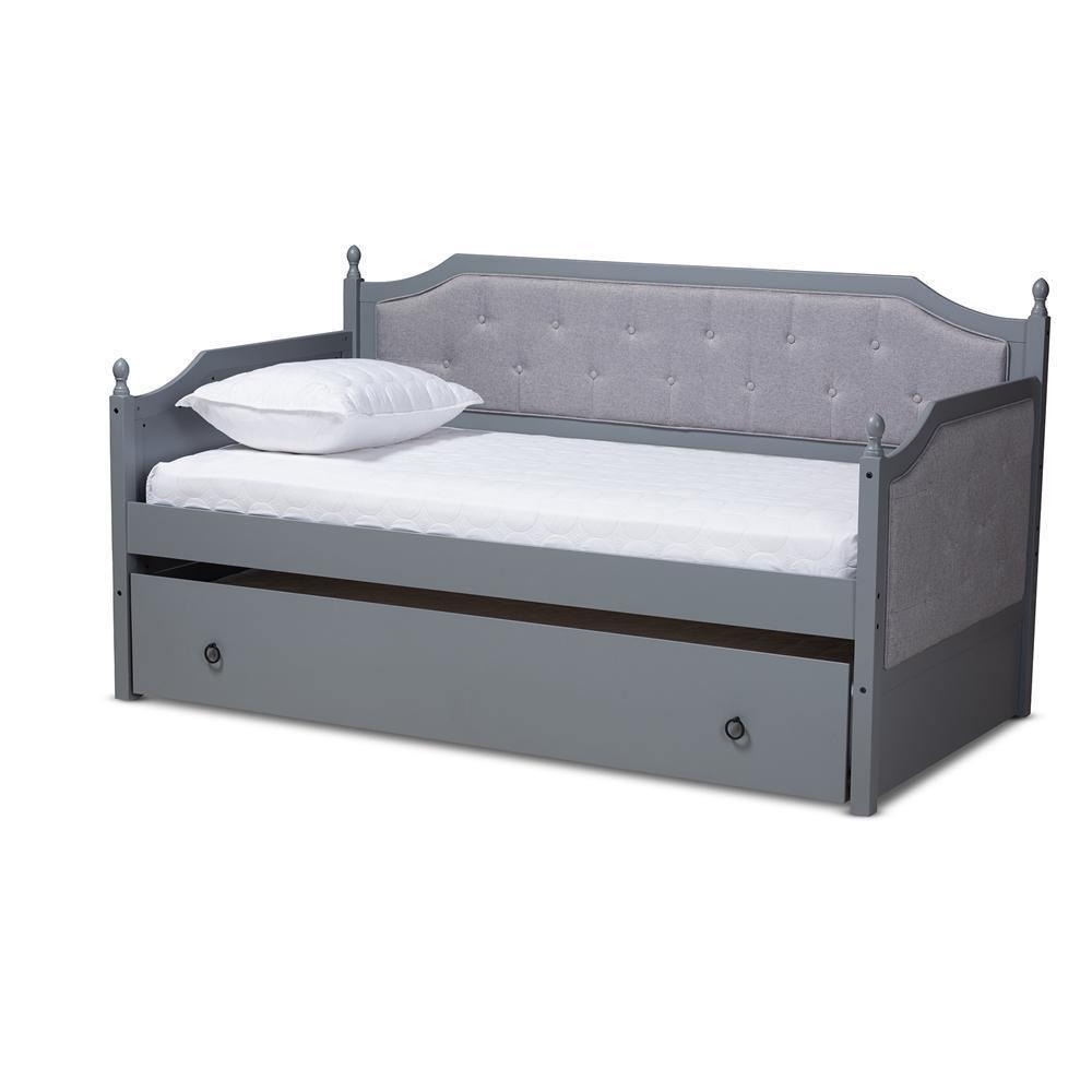 Mara Classic and Traditional Grey Fabric Upholstered Grey Finished Wood Twin Size Daybed with Trundle FredCo