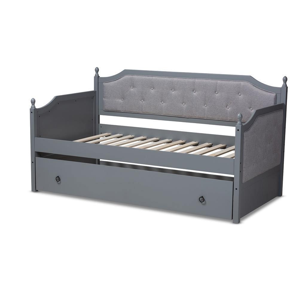 Mara Classic and Traditional Grey Fabric Upholstered Grey Finished Wood Twin Size Daybed with Trundle FredCo