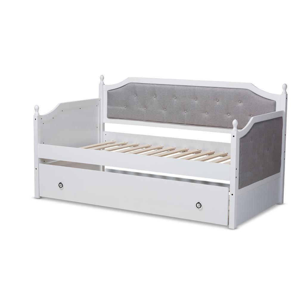 Mara Classic and Traditional Grey Fabric Upholstered White Finished Wood Twin Size Daybed with Trundle FredCo