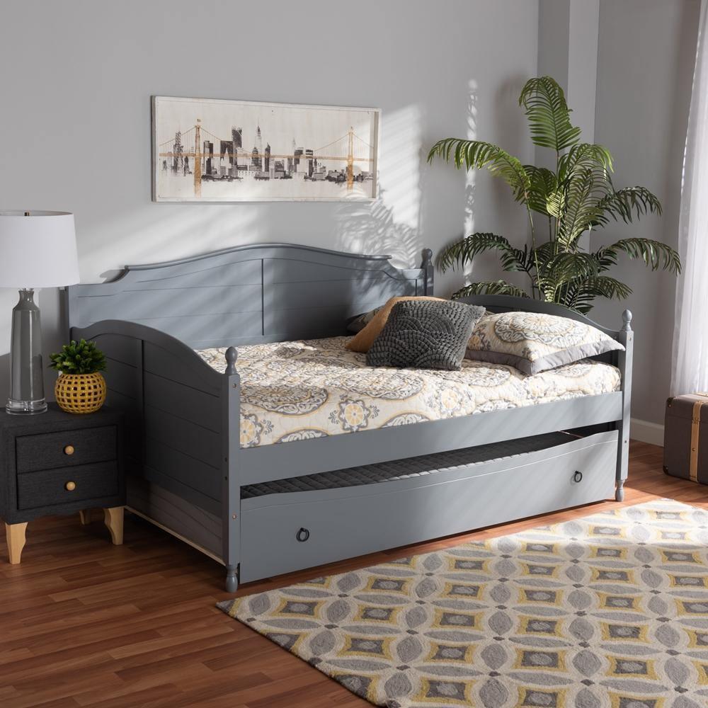 Mara Cottage Farmhouse Grey Finished Wood Full Size Daybed with Roll-out Trundle Bed FredCo