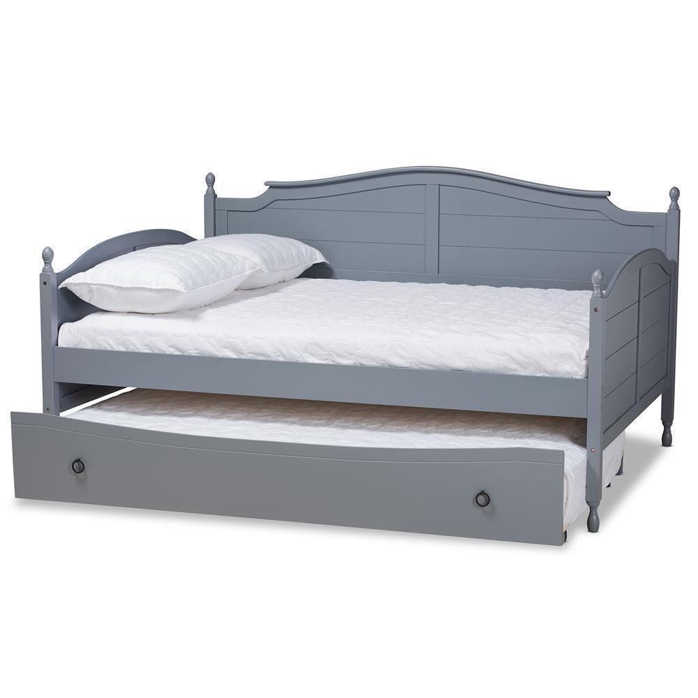Mara Cottage Farmhouse Grey Finished Wood Full Size Daybed with Roll-out Trundle Bed FredCo