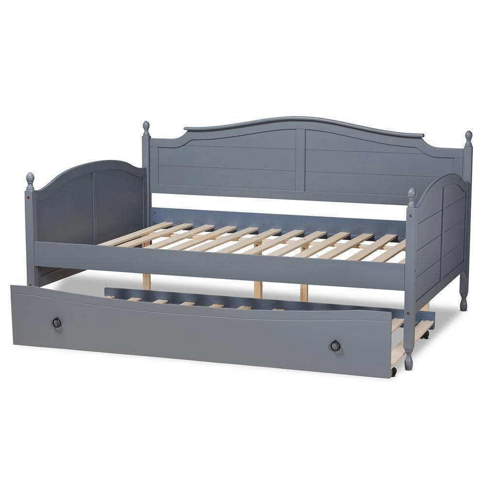 Mara Cottage Farmhouse Grey Finished Wood Full Size Daybed with Roll-out Trundle Bed FredCo