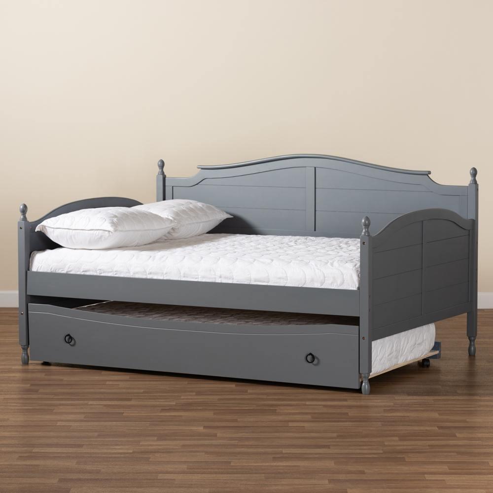Mara Cottage Farmhouse Grey Finished Wood Full Size Daybed with Roll-out Trundle Bed FredCo