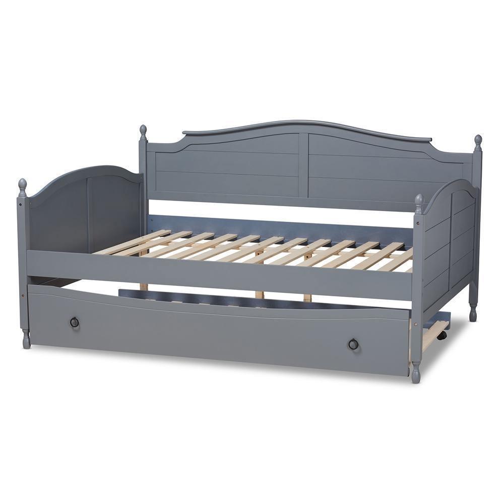 Mara Cottage Farmhouse Grey Finished Wood Full Size Daybed with Roll-out Trundle Bed FredCo