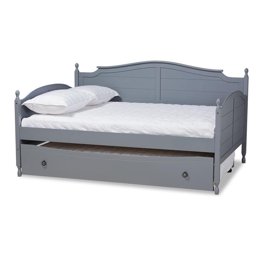 Mara Cottage Farmhouse Grey Finished Wood Full Size Daybed with Roll-out Trundle Bed FredCo