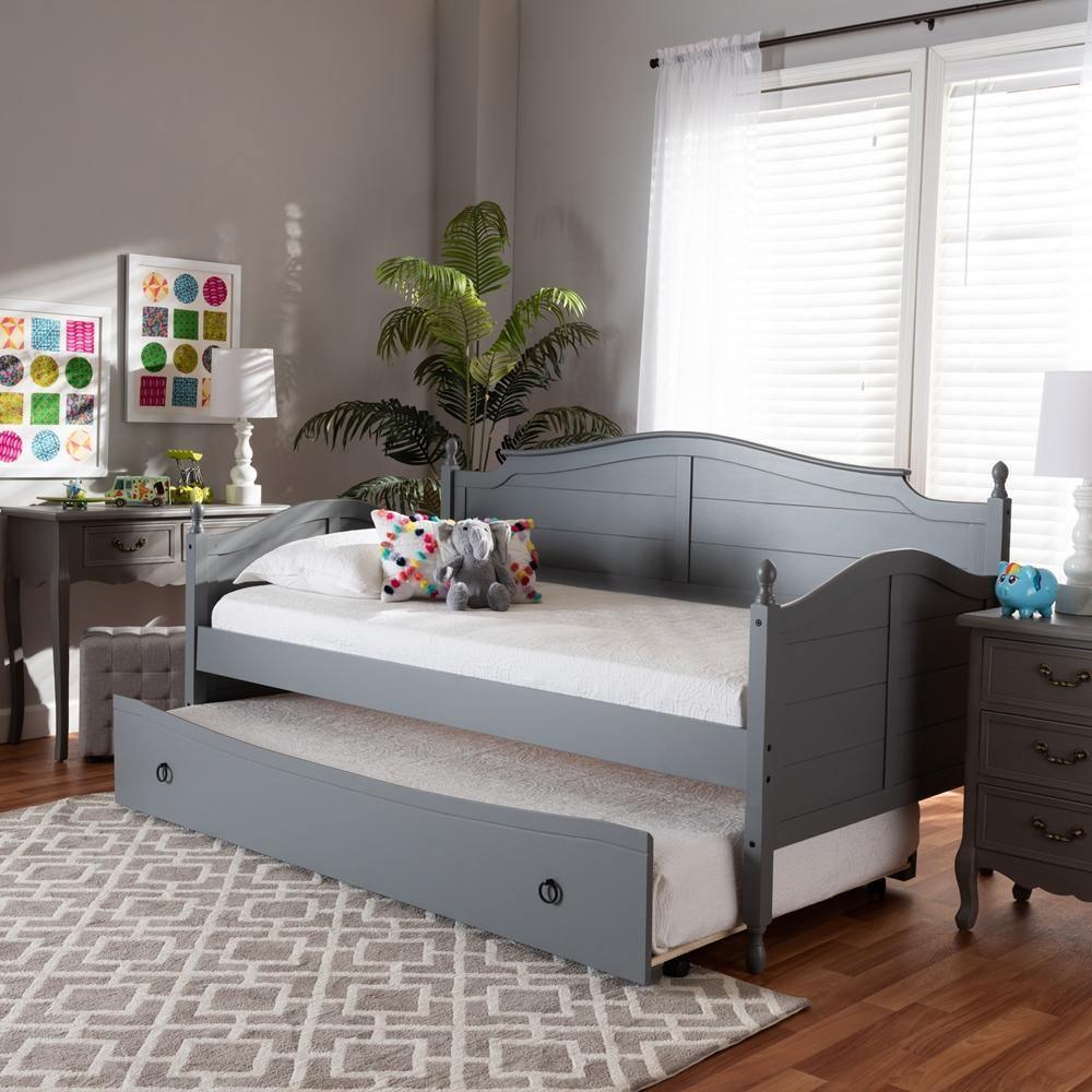 Mara Cottage Farmhouse Grey Finished Wood Twin Size Daybed with Roll-Out Trundle Bed FredCo
