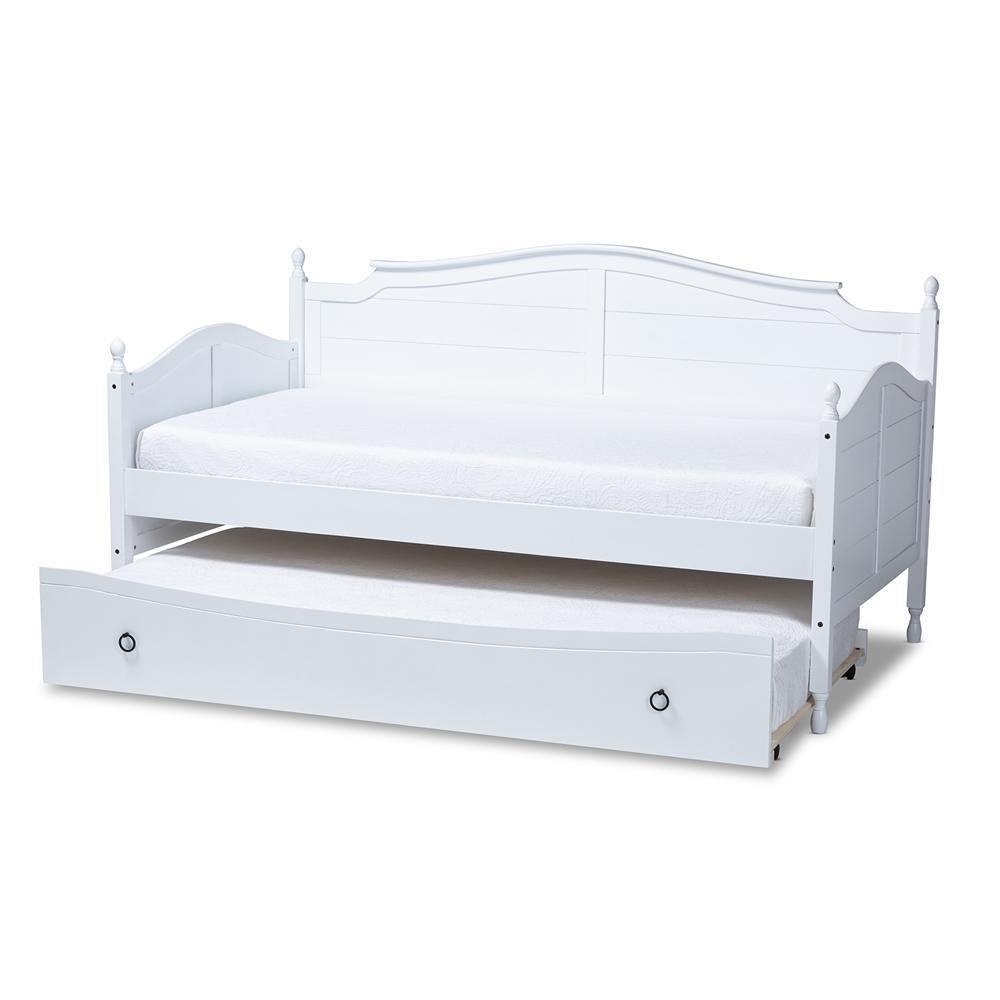 Mara Cottage Farmhouse White Finished Wood Twin Size Daybed with Roll-Out Trundle Bed FredCo