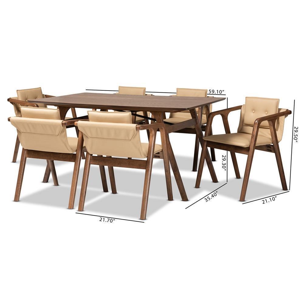 Marcena Mid-Century Modern Beige Imitation Leather Upholstered and Walnut Brown Finished Wood 7-Piece Dining Set FredCo