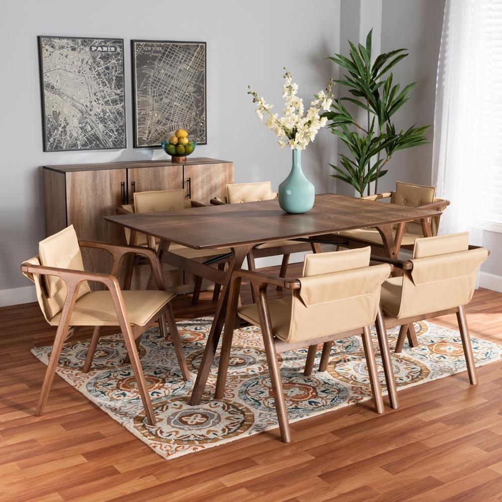 Marcena Mid-Century Modern Beige Imitation Leather Upholstered and Walnut Brown Finished Wood 7-Piece Dining Set FredCo