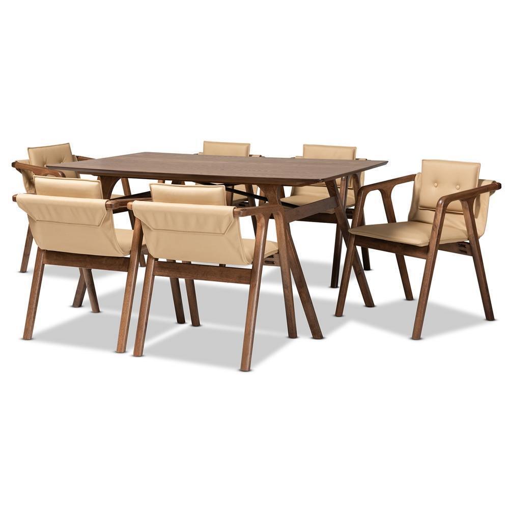 Marcena Mid-Century Modern Beige Imitation Leather Upholstered and Walnut Brown Finished Wood 7-Piece Dining Set FredCo