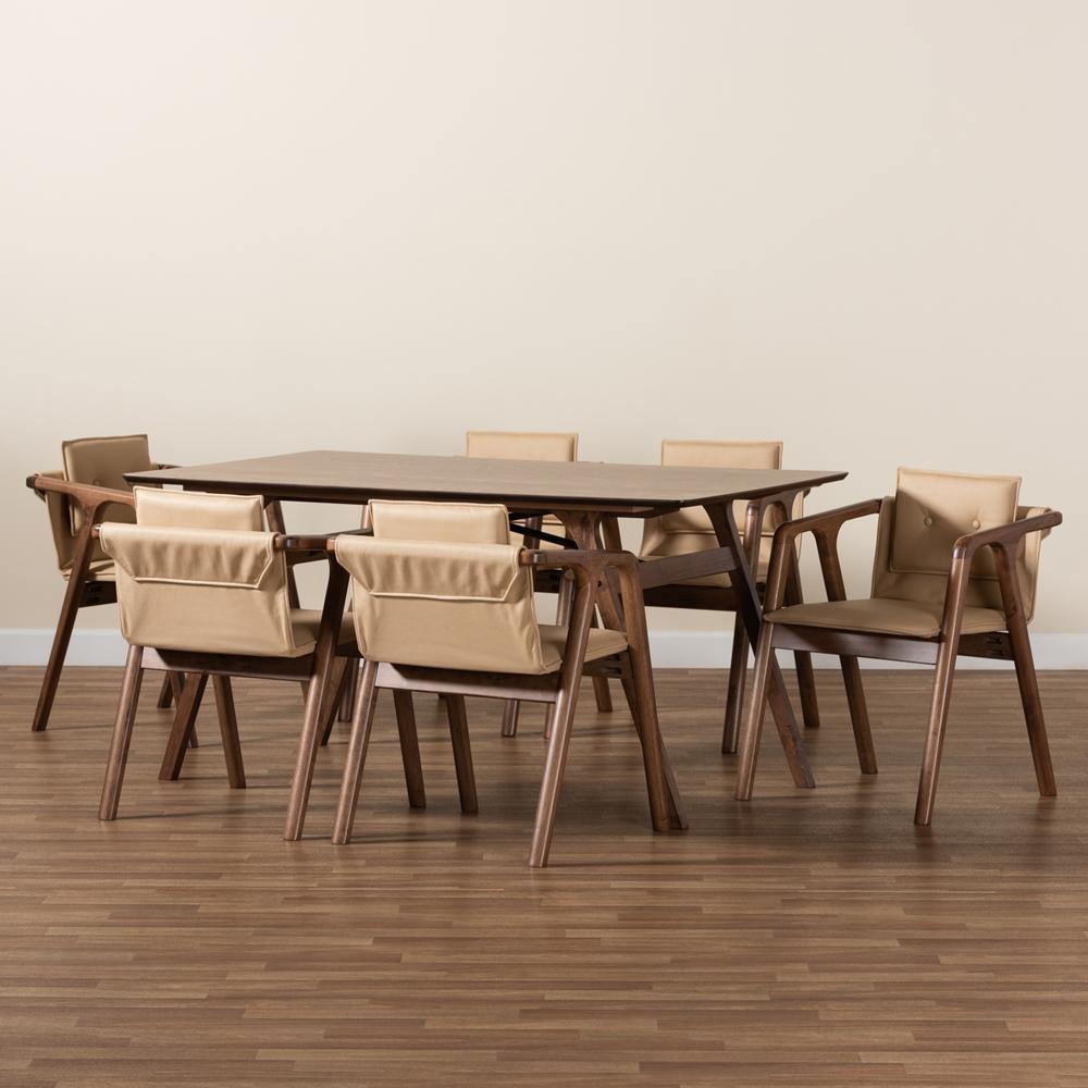 Marcena Mid-Century Modern Beige Imitation Leather Upholstered and Walnut Brown Finished Wood 7-Piece Dining Set FredCo