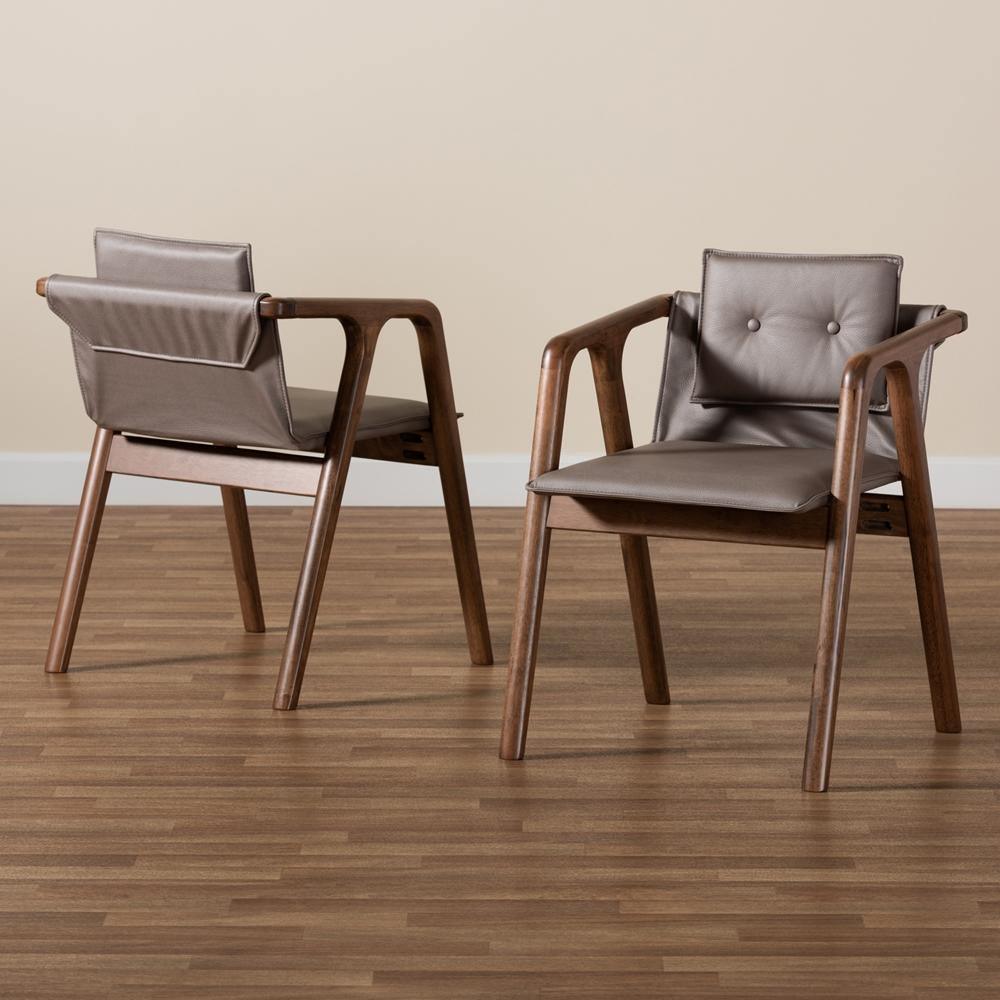 Marcena Mid-Century Modern Grey Imitation Leather Upholstered and Walnut Brown Finished Wood 2-Piece Dining Chair Set FredCo
